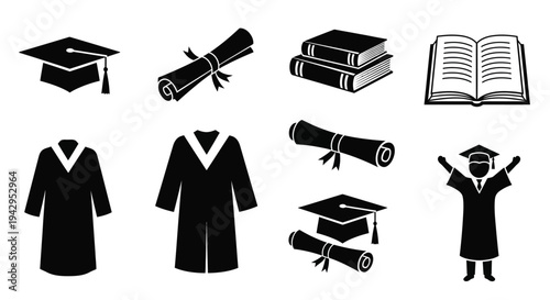 Black silhouettes depicting graduation education and academic achievement