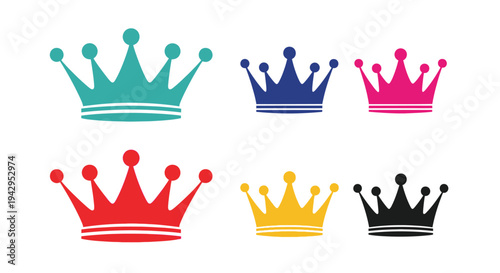 A collection of six colorful stylized crowns in a flat design
