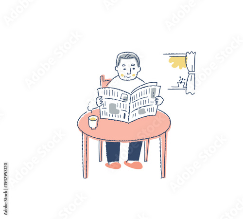 テーブルで新聞を読んでいるシニア男性