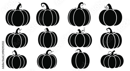 Black silhouettes of various shaped pumpkins arranged in a grid pattern