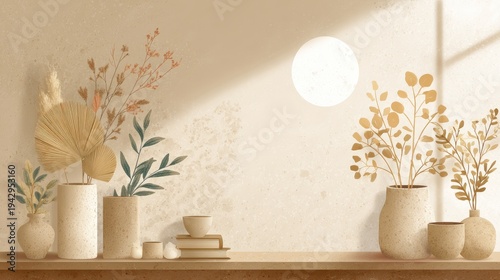 Minimalistic interior design with elegant vases, plants, and gentle sunlight creating a serene and calming atmosphere, perfect for home decor inspiration