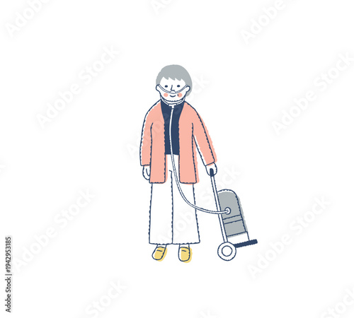 携帯用酸素ボンベを持って外出する女性　