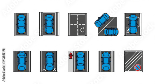 Set of different parking situations with blue cars from above.