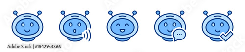 Chatbot solid icon set. AI virtual assistant. Chat bot, smart robot communication icons. Blue vector icon collection.