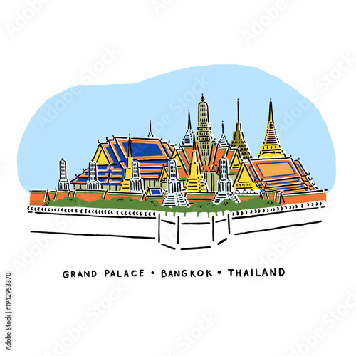 Wat Phra Kaew Temple Bangkok Landmark Old town cityscape Hand drawn line art Color illustration
