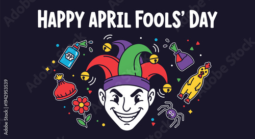 Happy april fools day illustration with jester and prank items
