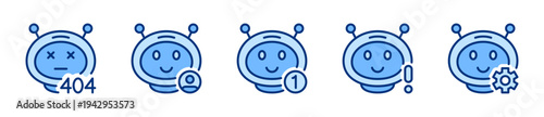Chatbot solid icon set. AI virtual assistant. Chat bot, smart robot communication icons. Blue vector icon collection.
