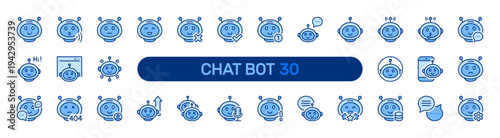 Chatbot solid icon set. AI virtual assistant. Chat bot, smart robot communication icons. Blue vector icon collection.