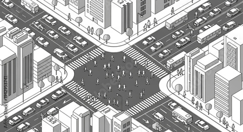 Busy City Intersection With Traffic And Pedestrians.