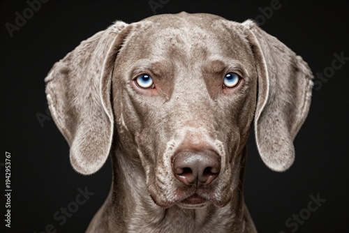 A close up of a dog with blue eyes on a black background