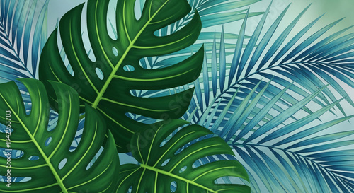 Green monstera leaf with blue palm fronds, creating vibrant contrast. Representative of tropical flora, freshness, and natural beauty, ideal for exotic themes