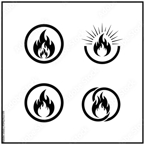 Set of Fire Flame Icons, Abstract Symbols for Heat, Energy, and Power