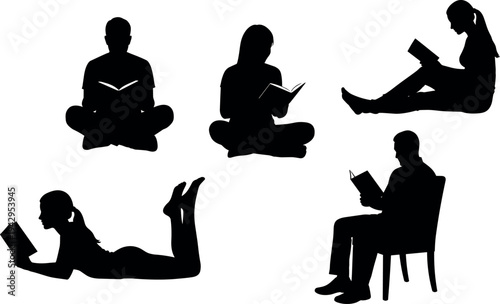 People reading books in different sitting positions silhouettes set, students and readers enjoying literature and education concept isolated on white background
