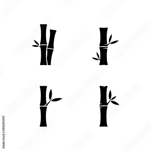 Set of Black Bamboo Stalks Icons with Leaves Isolated on White Background