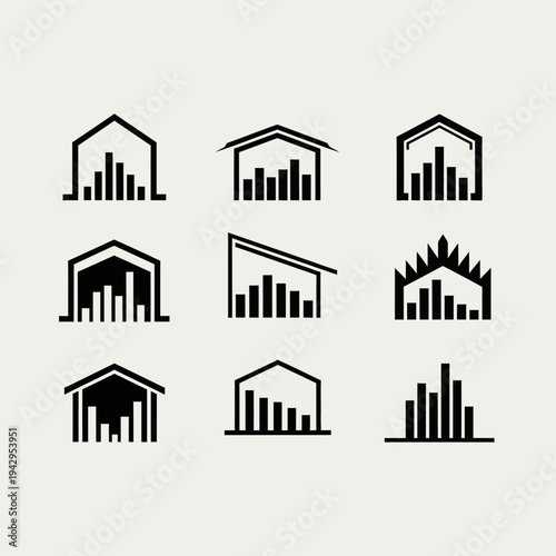 Set of Abstract House and Bar Chart Icons for Real Estate and Finance