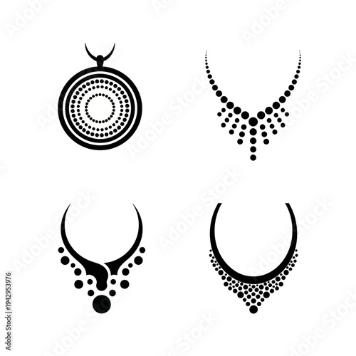 Set of black jewelry icons: necklaces and pendants, minimalist design