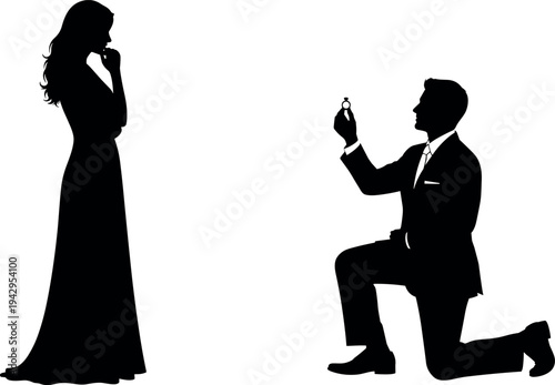 Romantic marriage proposal silhouette with man kneeling and offering ring to woman, love engagement moment concept isolated on white background illustration