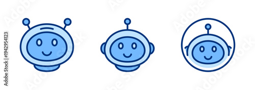 Chatbot solid icon set. AI virtual assistant. Chat bot, smart robot communication icons. Blue vector icon collection.