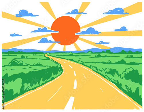 Road trip design. Summer journey artwork. Countryside landscape illustration. Open road travel. Sunny day adventure.