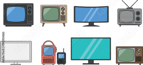 Television set collection featuring vintage retro TV modern flat screen monitor portable television and classic broadcast devices flat vector illustration for media technology