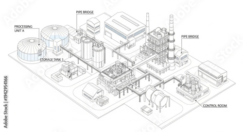 Industrial Factory Blueprint Technical Drawing.