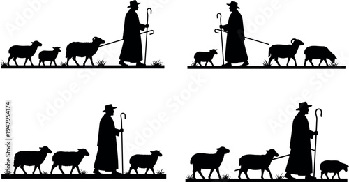 Vector illustration collection of a traditional shepherd silhouette walking with a flock of sheep on grass isolated on white background for rural farming and religious concepts.