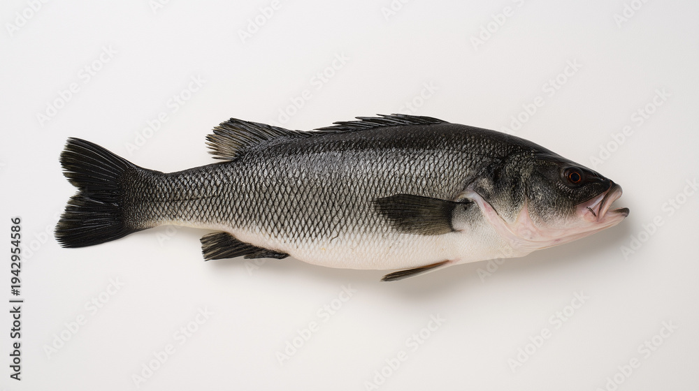 Obraz premium seabass. A fresh sea bass isolated on white, highlighting its texture and freshness in a simple composition. menu design.