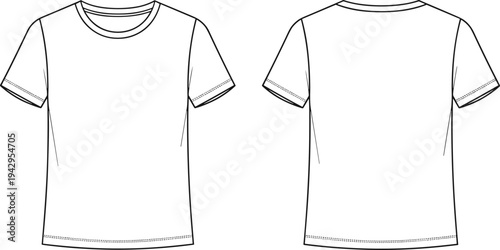 basic crew neck t shirt technical fashion flat sketch, front and back view, short sleeve tee template, apparel garment outline vector design