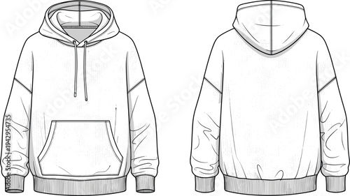 hoodie sweatshirt technical fashion flat sketch, front and back view, hooded pullover with kangaroo pocket template, apparel garment outline vector design
