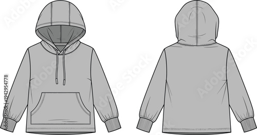 kids hoodie sweatshirt technical fashion flat sketch, front and back view, hooded pullover with kangaroo pocket template apparel vector design