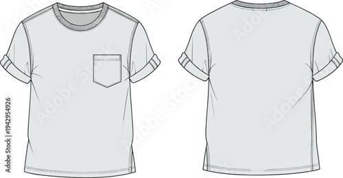 pocket t shirt technical fashion flat sketch, front and back view, rolled sleeve casual tee template, apparel garment outline vector design