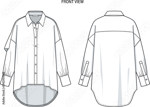 oversized long sleeve button down shirt technical fashion flat sketch, front and back view, apparel template, garment outline, vector clothing design illustration
