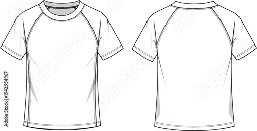 raglan athletic t shirt technical fashion flat sketch, front and back view, short sleeve sports tee template apparel vector design