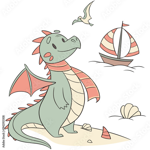 Playful expression on a Dragon in a Beach day theme, with with a scarf – Ocean Breeze vector art