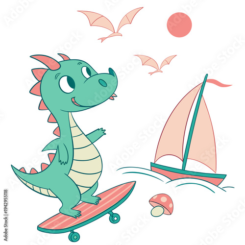 Joyful expression on a Dragon in a Beach day theme, with riding a skateboard – Ocean Breeze vector art