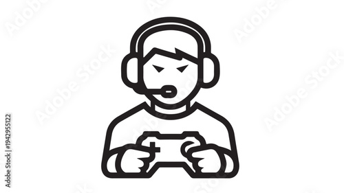 Angry gamer in black line art with headset and controller in dark minimalistic style for gaming design