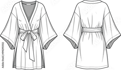 women kimono sleeve wrap dress technical fashion flat sketch, front and back view, belted robe style dress template apparel vector
