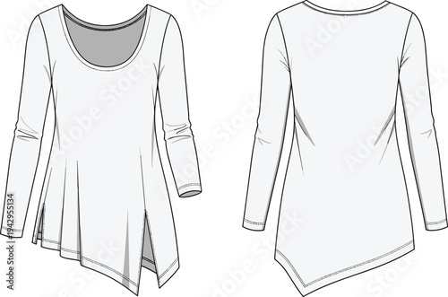 Women long sleeve asymmetric hem top technical fashion flat sketch, front and back view, scoop neck tunic blouse, apparel template vector illustration