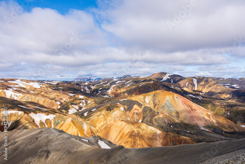 Tableau sur toile A view of Landmannalaugar as seen from the Blahnukur hiking trail in the Fjallabak Nature Reserve, Iceland