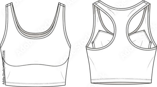women sports bra technical fashion flat sketch, front and back view, racerback activewear crop top template, fitness apparel garment outline vector
