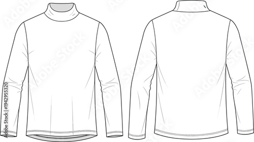Women turtleneck long sleeve top technical fashion flat sketch, front and back view, basic fitted sweater shirt, apparel template vector illustration
