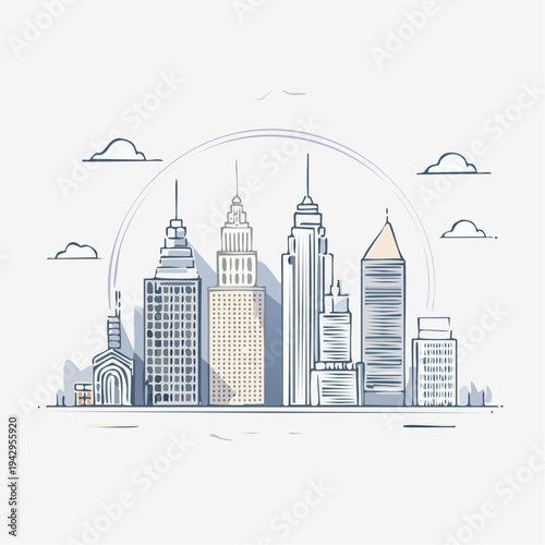 Abstract Hand-Drawn City Skyline Illustration with Modern Urban Architecture and Minimalist Skyscraper Silhouettes