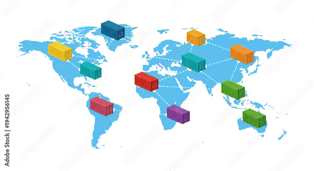 Fototapeta premium Flat lay of a world map with shipping containers on various continents against a clean white background.