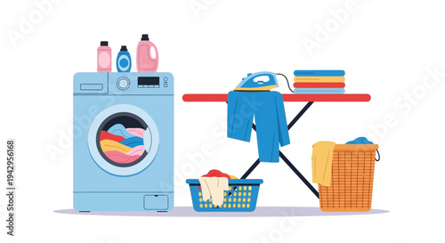 Flat lay of laundry setup with washing machine, ironing board, and basket on white background.