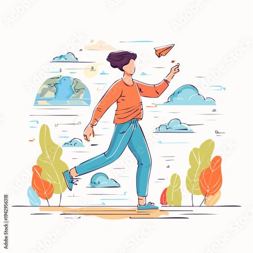 Vibrant illustration of a person launching paper plane, symbolizing dreams, global travel, and journey of new ideas