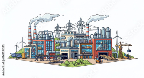 Industrial Factory Building with Smokestacks.