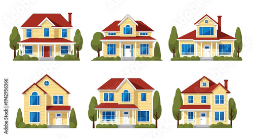 Colorful illustration of six different house designs with trees on a white background.