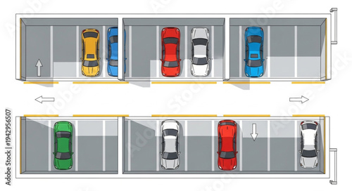 Aerial view of cars parked in a parking lot.