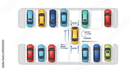Colorful toy cars parked in a parking lot.