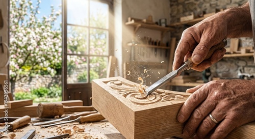 Mani di artigiano che intagliano un blocco di legno con sgorbia e trucioli. Generative AI 